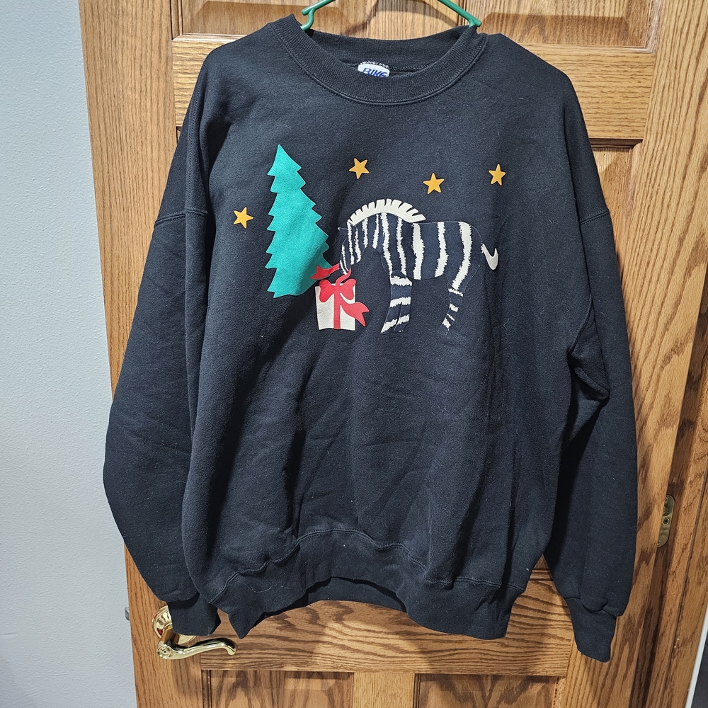 Vintage 90's Black Holiday Sweater with Zebra Design